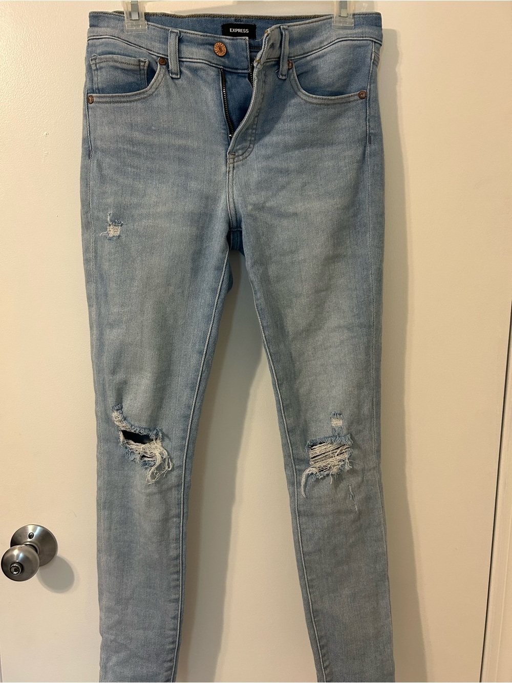 Express Light Blue Distressed Skinny Jeans